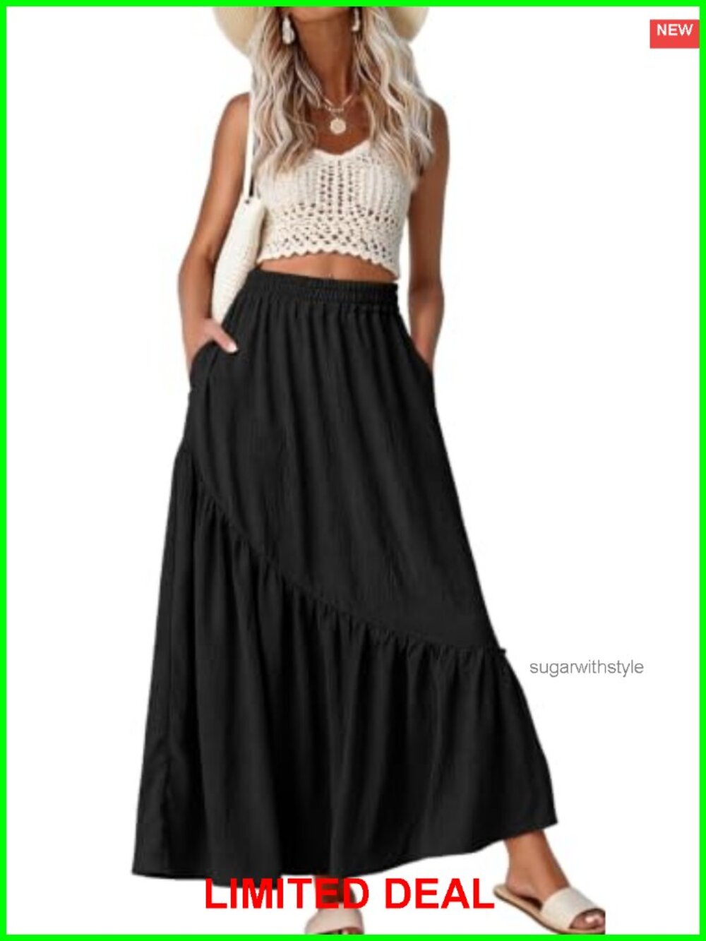 Women's Maxi Skirt High Waist Tiered A-Line with Pockets